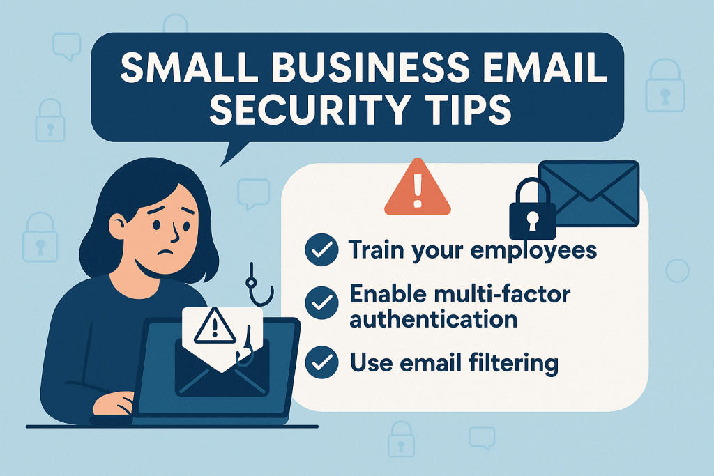 Illustration showing a woman at a laptop with a phishing email alert. A sidebar titled "Small Business Email Security Tips" lists three tips: train your employees, enable multi-factor authentication, and use email filtering. Icons for warning, padlock, and email are included, with a background of security-related symbols.