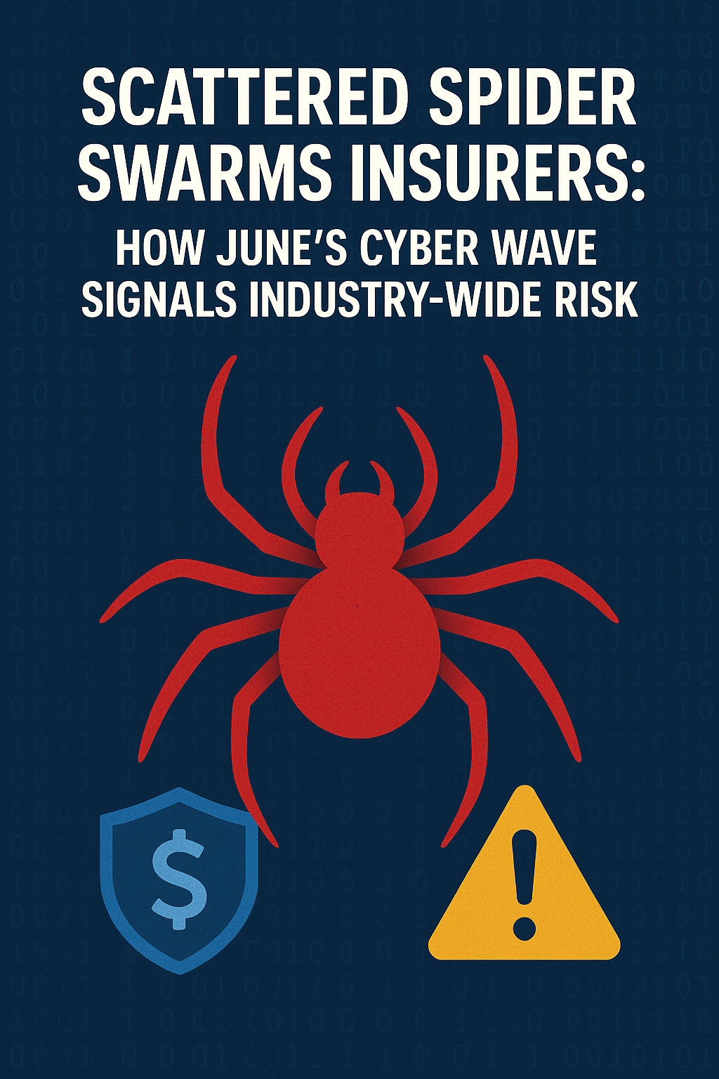 Vertical graphic with a dark blue binary-code background featuring a large red spider in the center. Above the spider, bold white headline text reads: “Scattered Spider Swarms Insurers: How June’s Cyber Wave Signals Industry-Wide Risk.” Below the spider are two icons: a blue shield with a dollar sign and a yellow triangle with an exclamation mark, symbolizing financial and security threats.